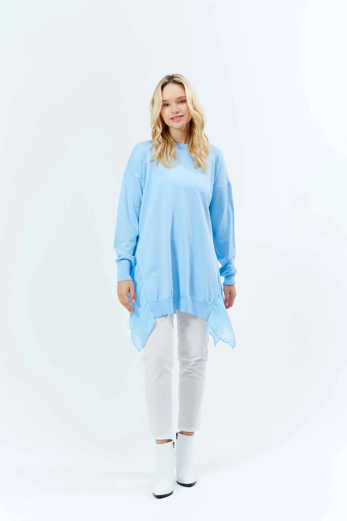 Yırtmaç Detaylı Bisiklet Yaka  Kazak