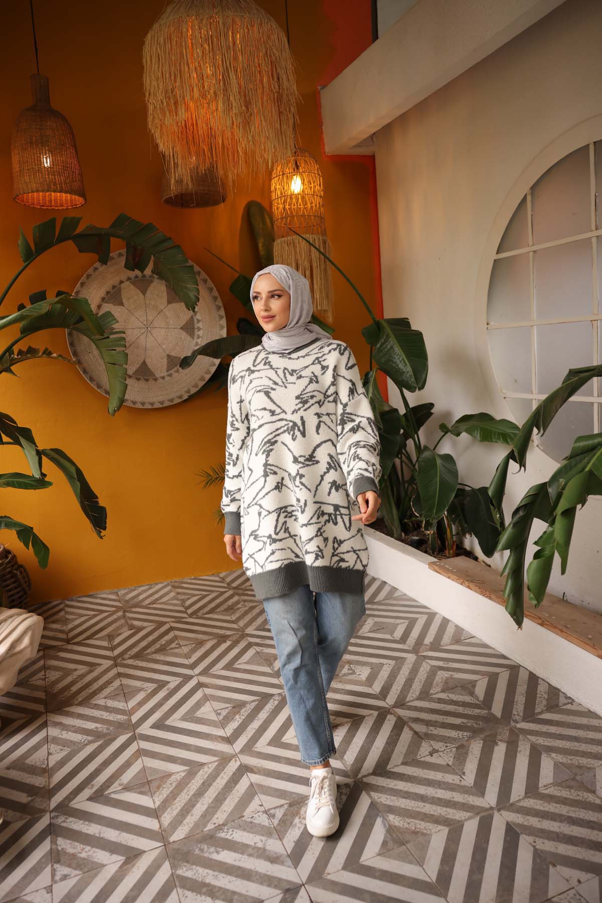 Angora Çizgi Baskı Desenli Tunik