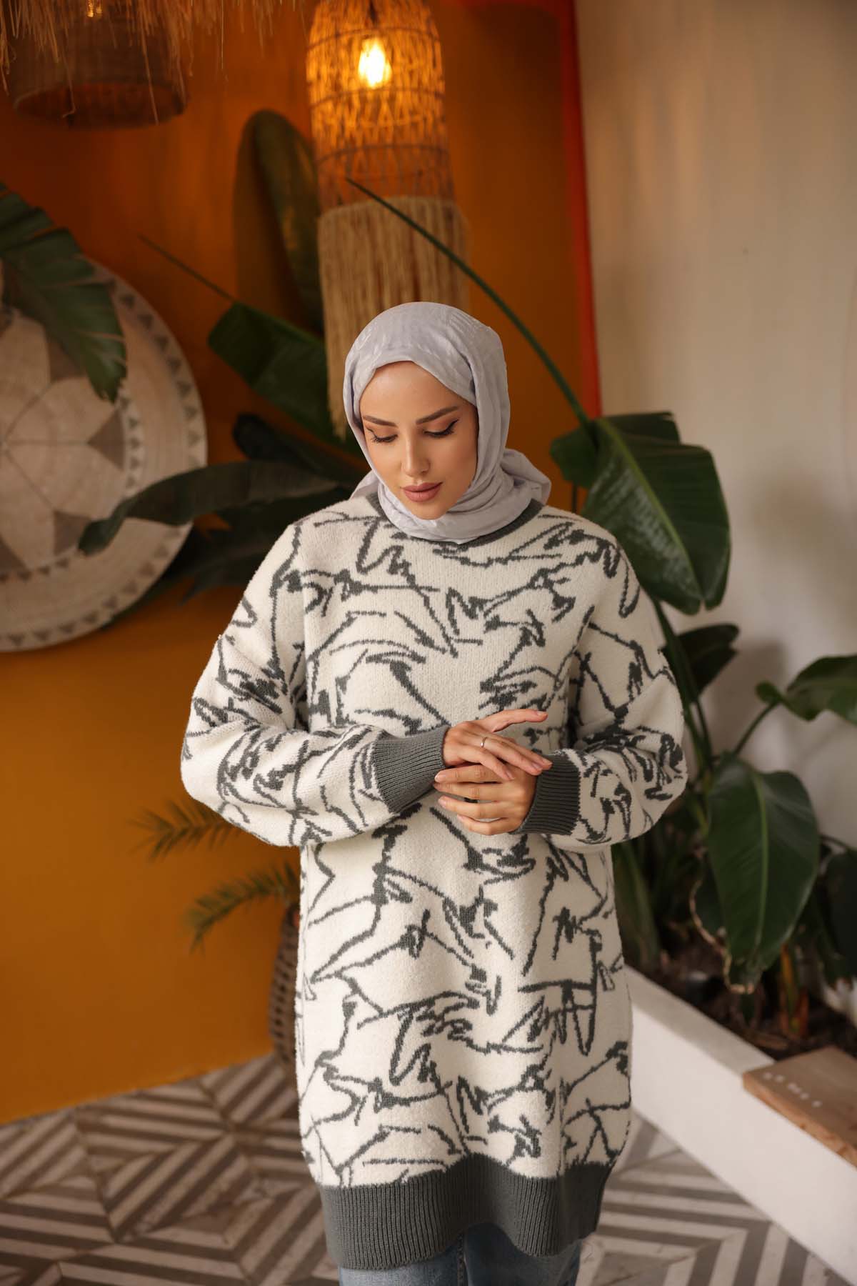 Angora Çizgi Baskı Desenli Tunik