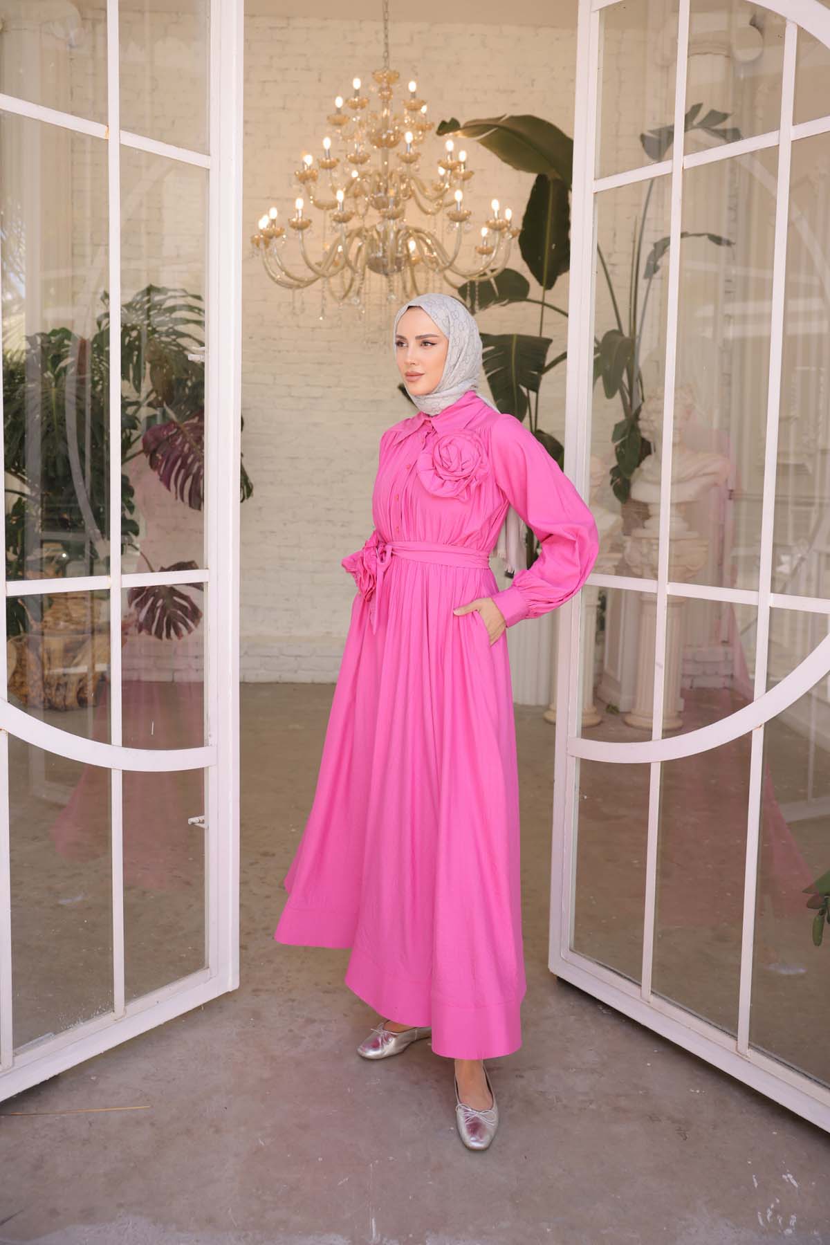 Gömlek Yaka Güllü Dokuma Elbise