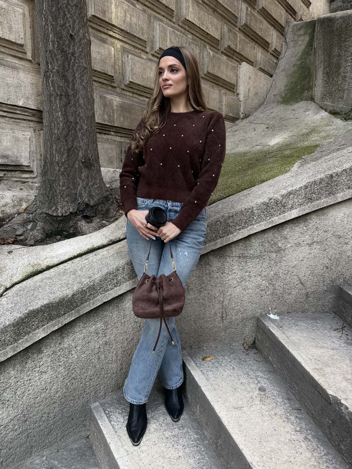 Angora Önü Taşlı  Bisiklet Yaka Kısa  Kazak