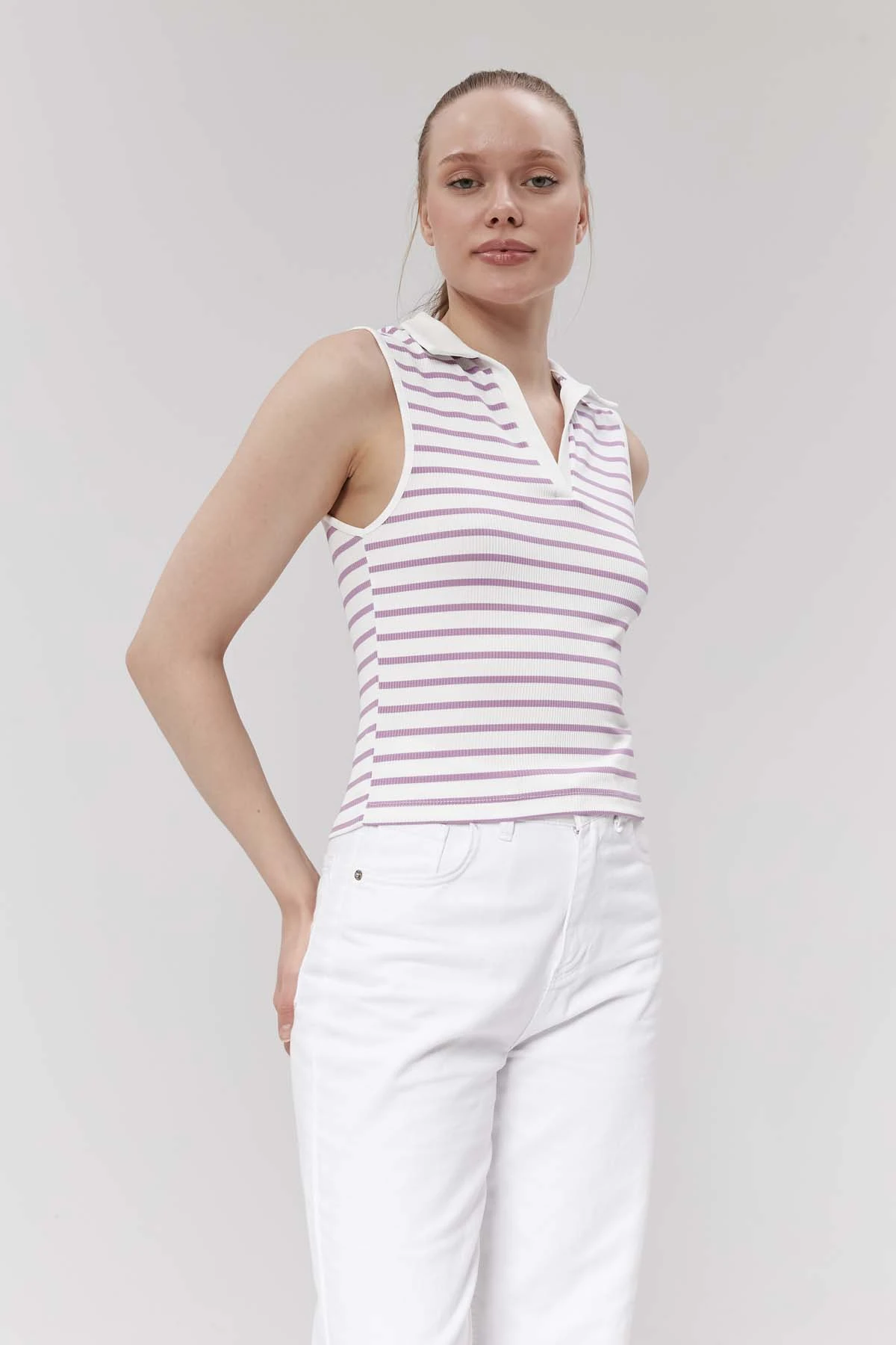 Polo  Yakalı  Çizgili  Bluz