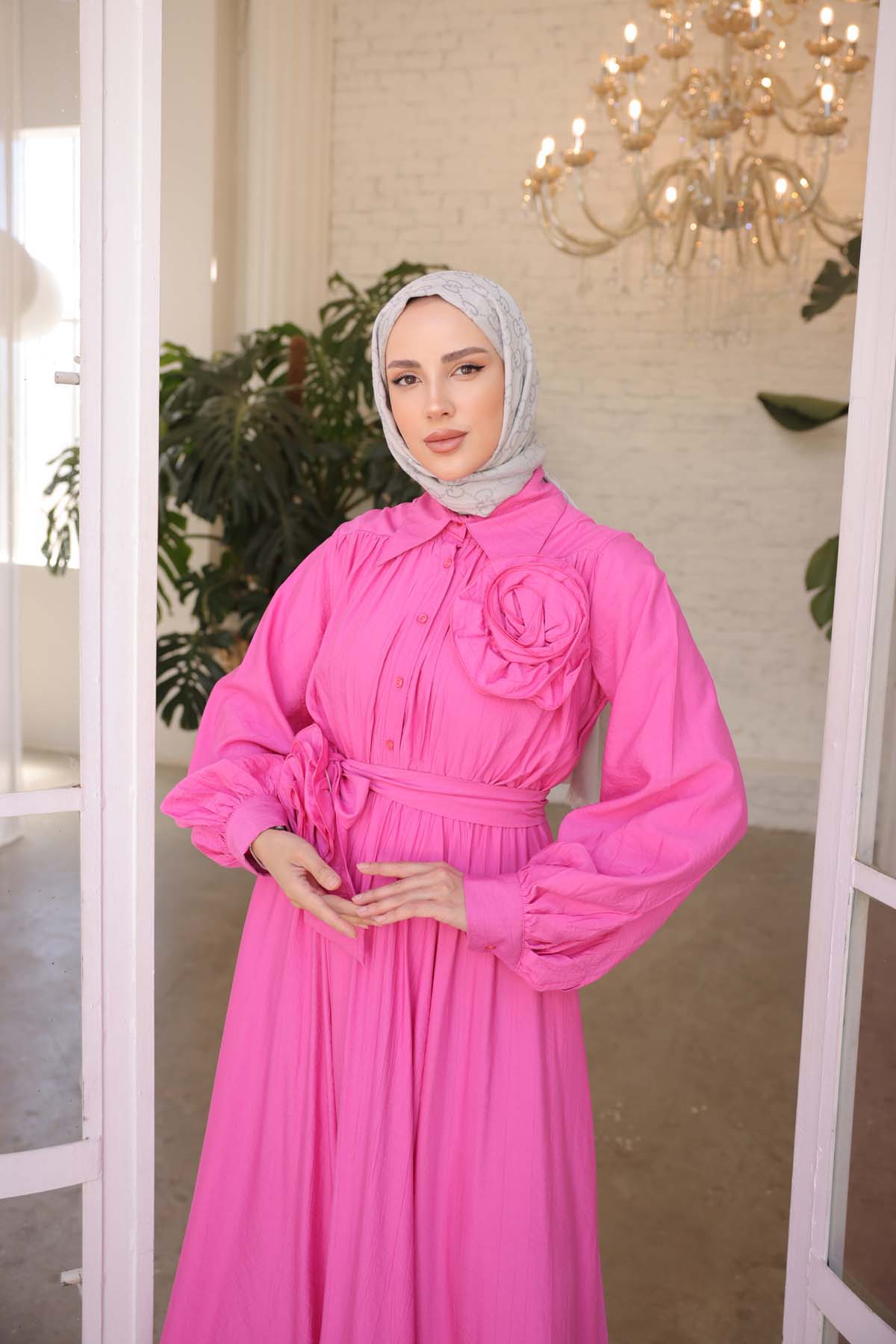 Gömlek Yaka Güllü Dokuma Elbise