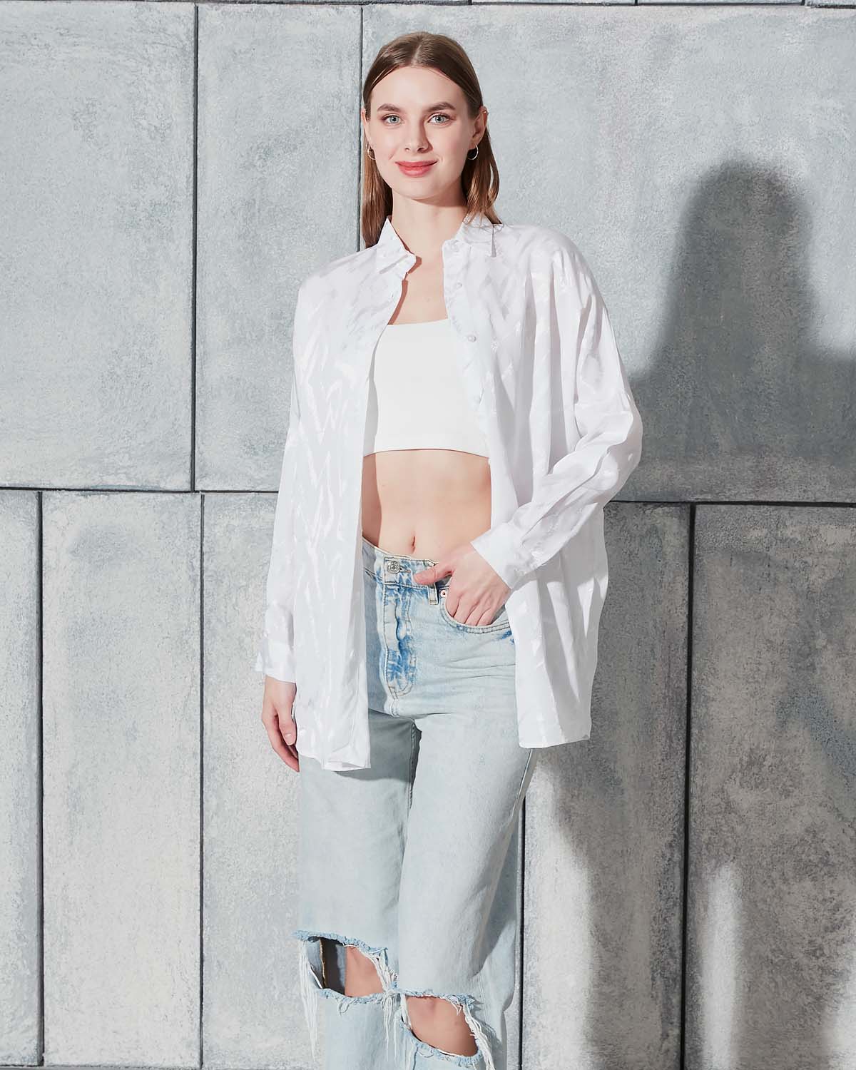 Ekru Jakarlı Saten Gömlek