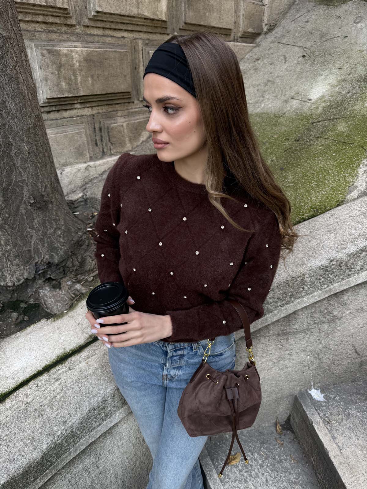 Angora Önü Taşlı  Bisiklet Yaka Kısa  Kazak