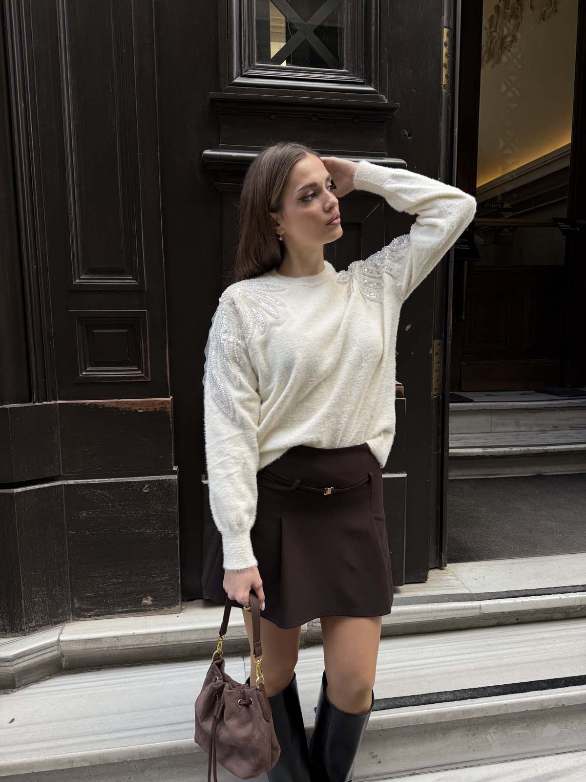 Angora Boncuklu Bisiklet Yaka Kazak