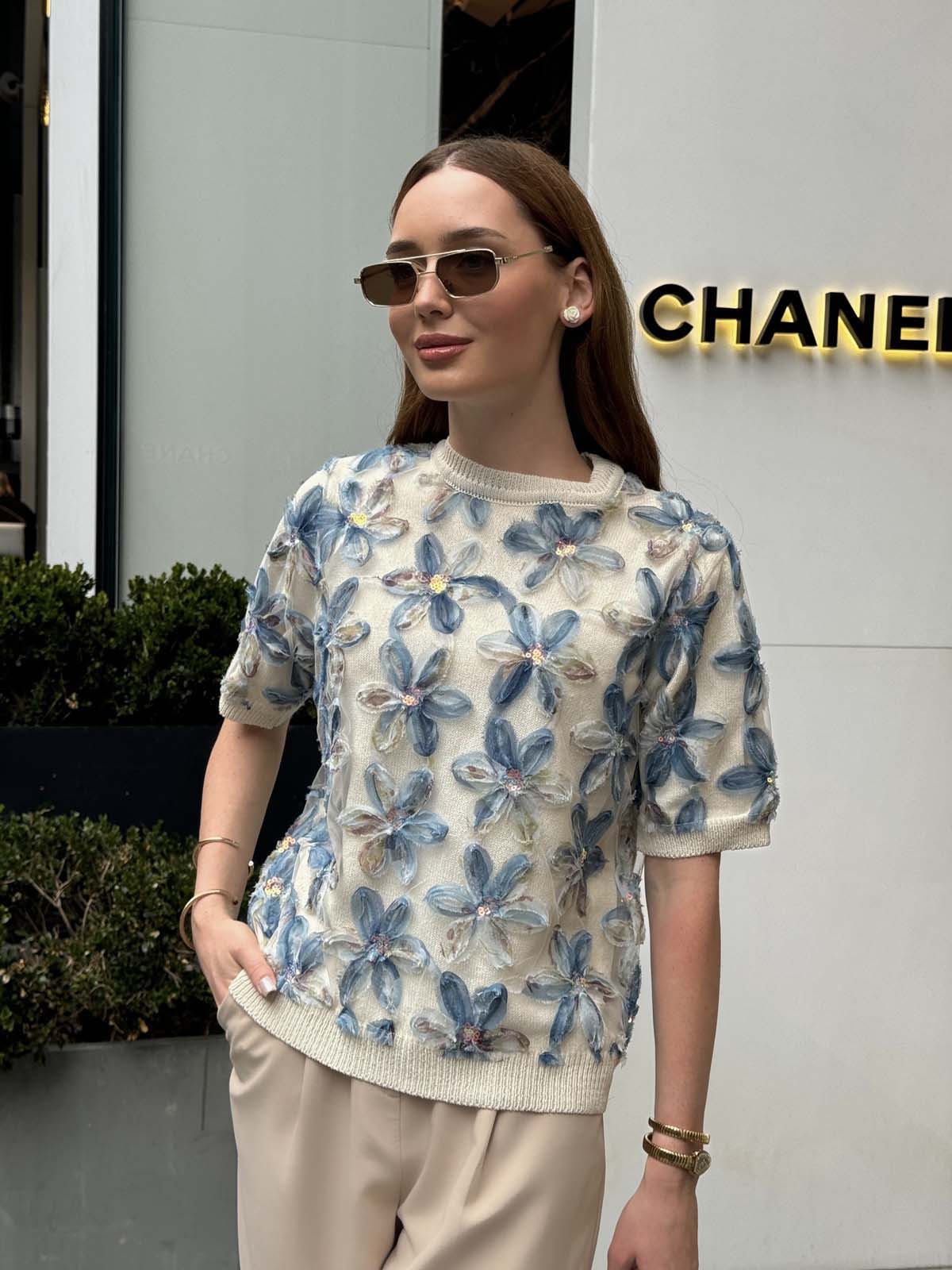 Pamuk Papatyalı Kumaşlı Kısa Kollu Kazak