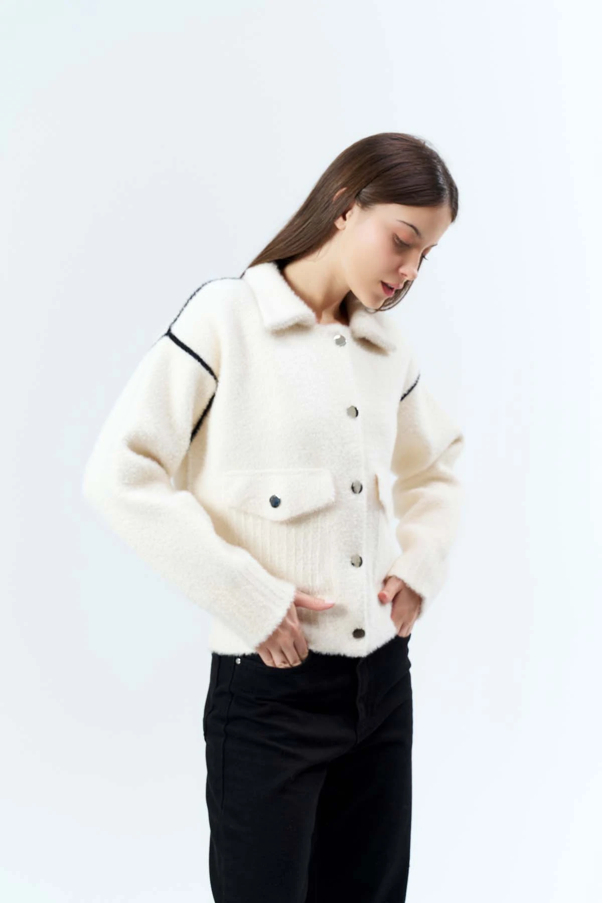 Angora Gömlek Yaka Cepli Hırka