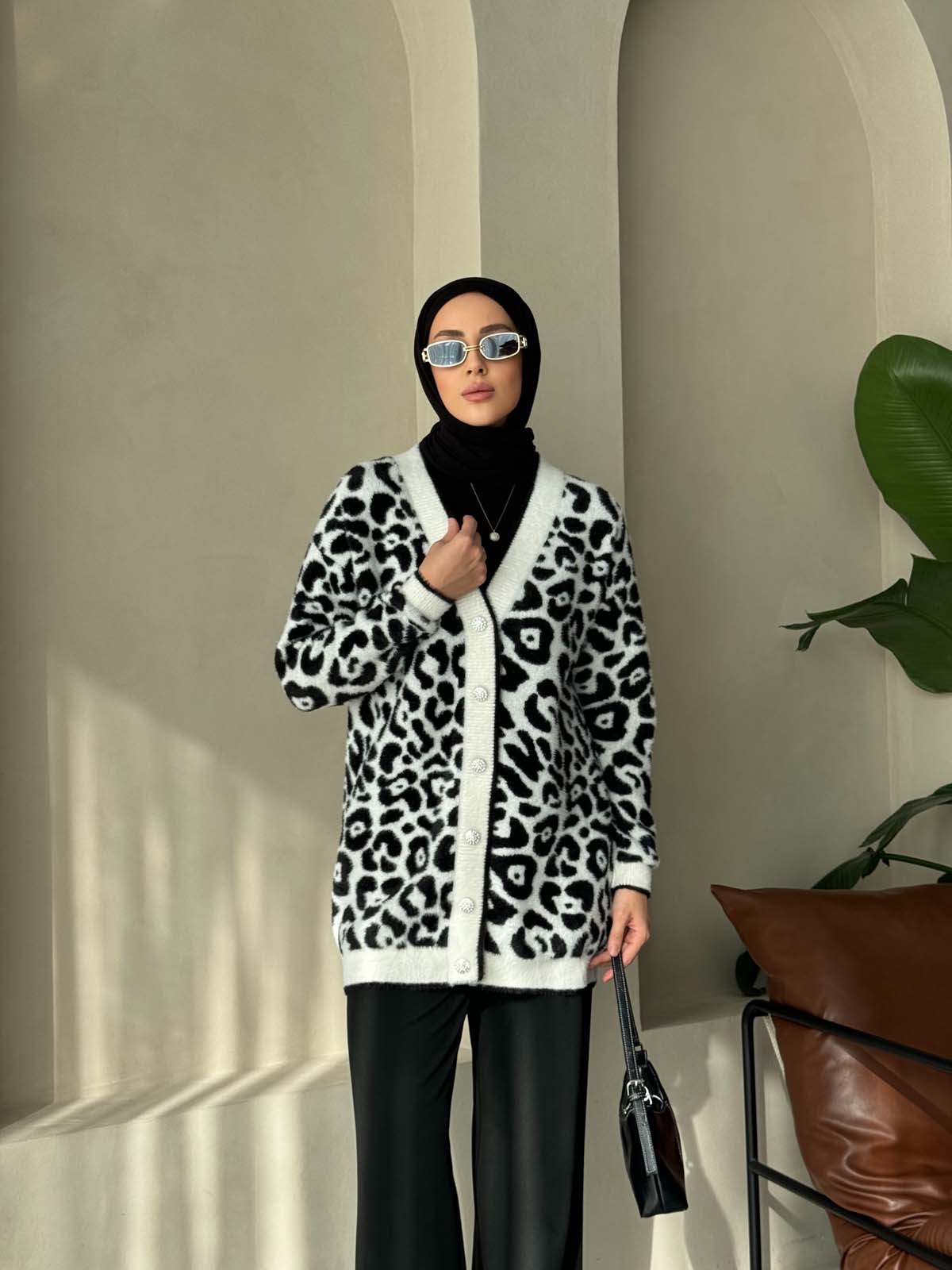 Angora Leopar Desenli Uzun Hırka