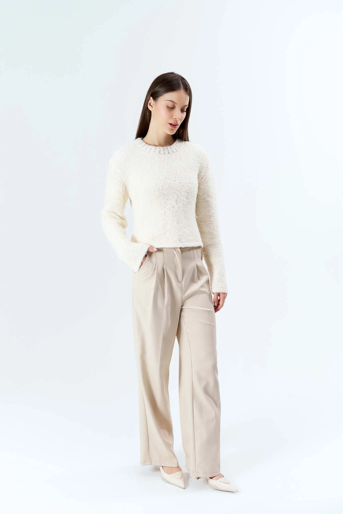 Angora Taş Detaylı Crop Kazak