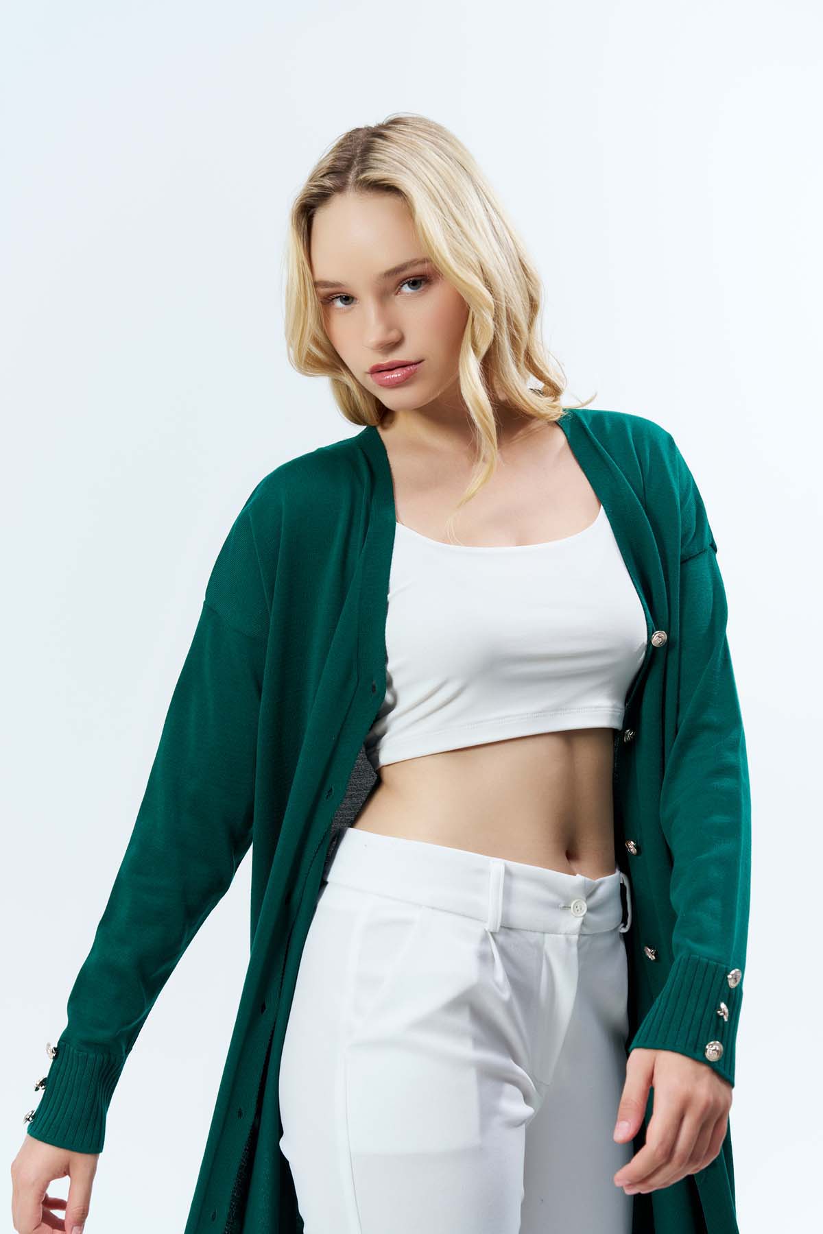 Kol Manşeti Düğmeli Uzun Hırka