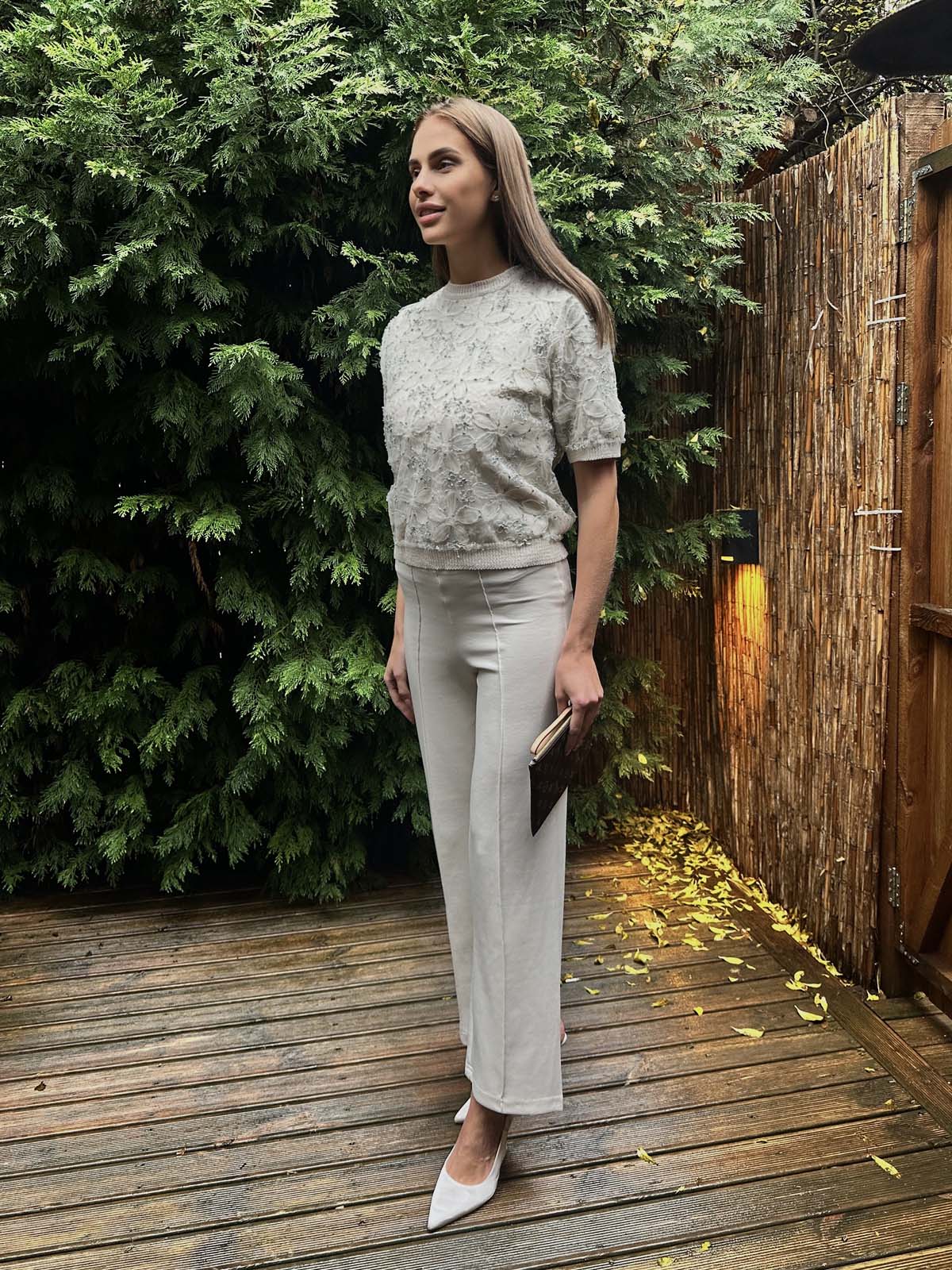 Pamuk Papatyalı Kumaşlı Kısa Kollu Kazak