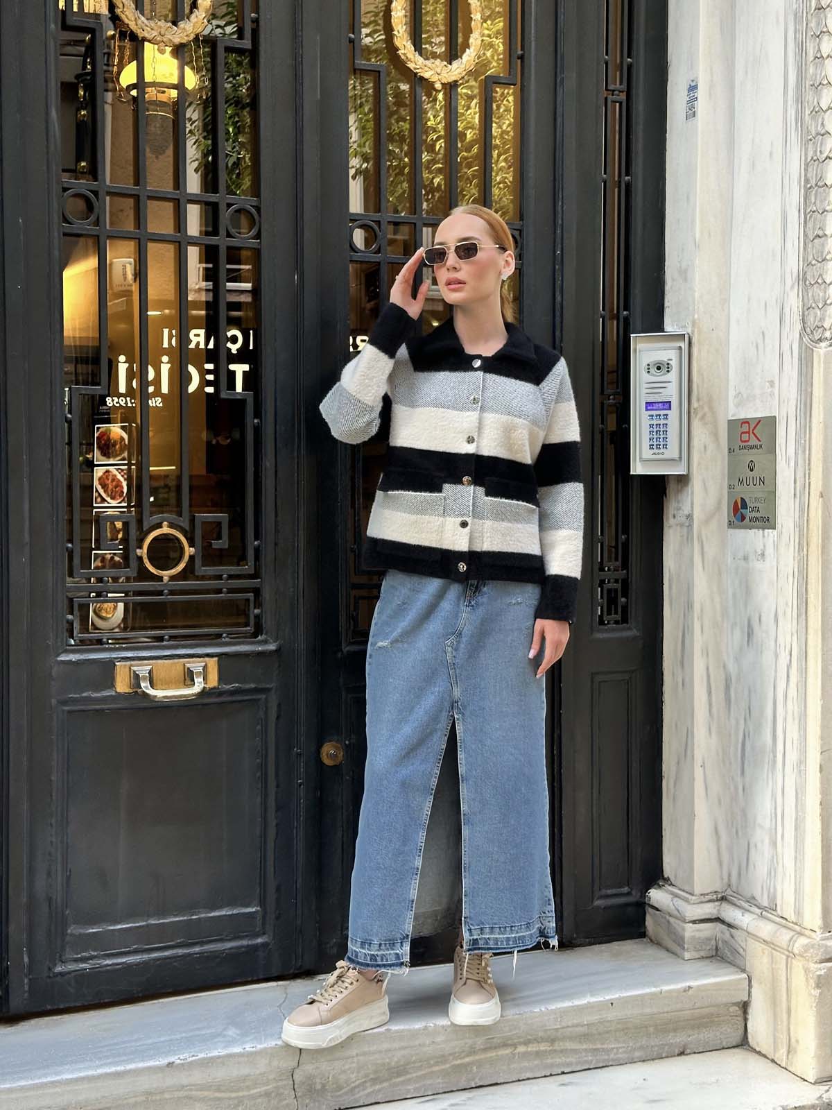 Angora Çizgili Gömlek Yaka Hırka