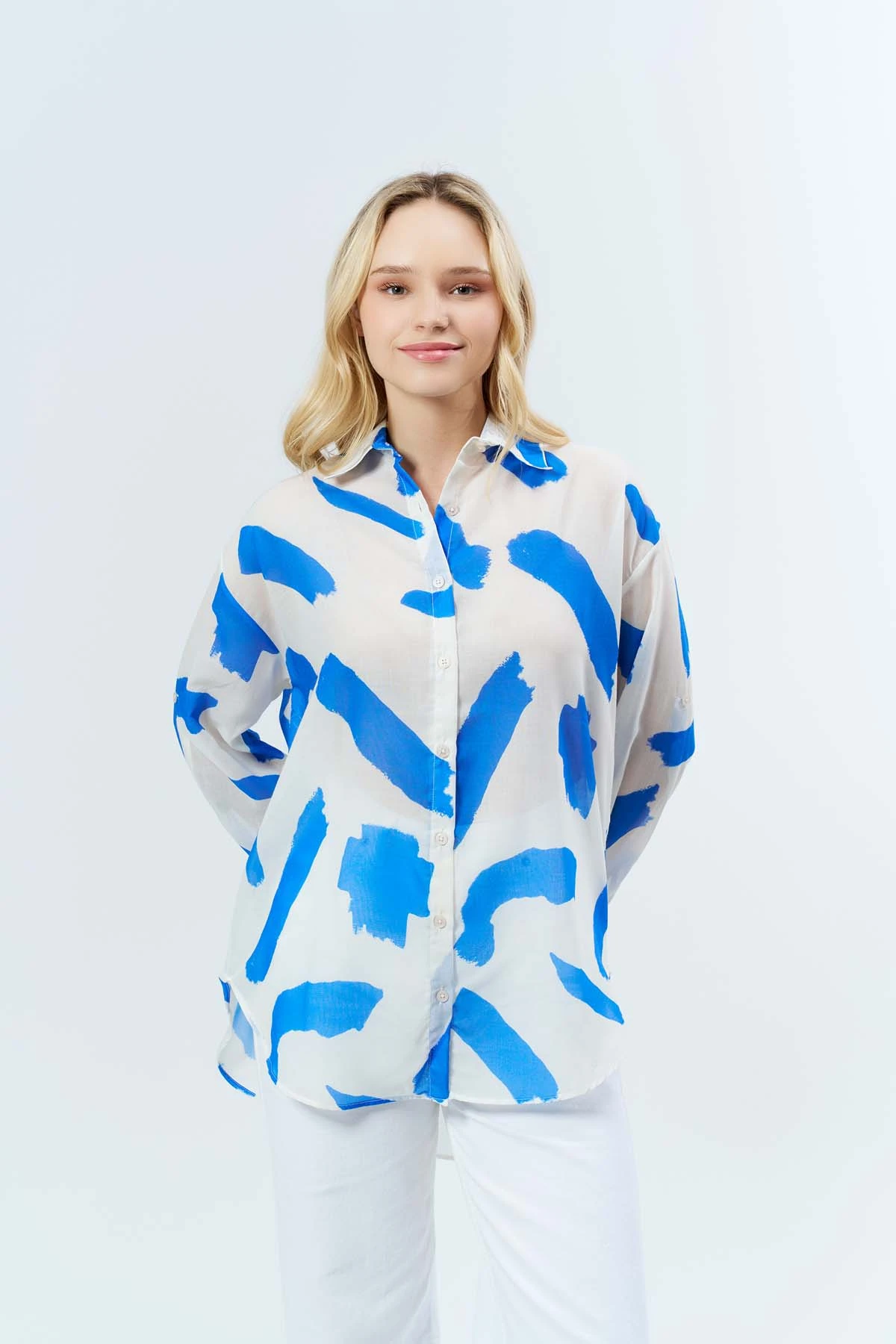 Mavi Fırça Desen Düğmeli Gömlek