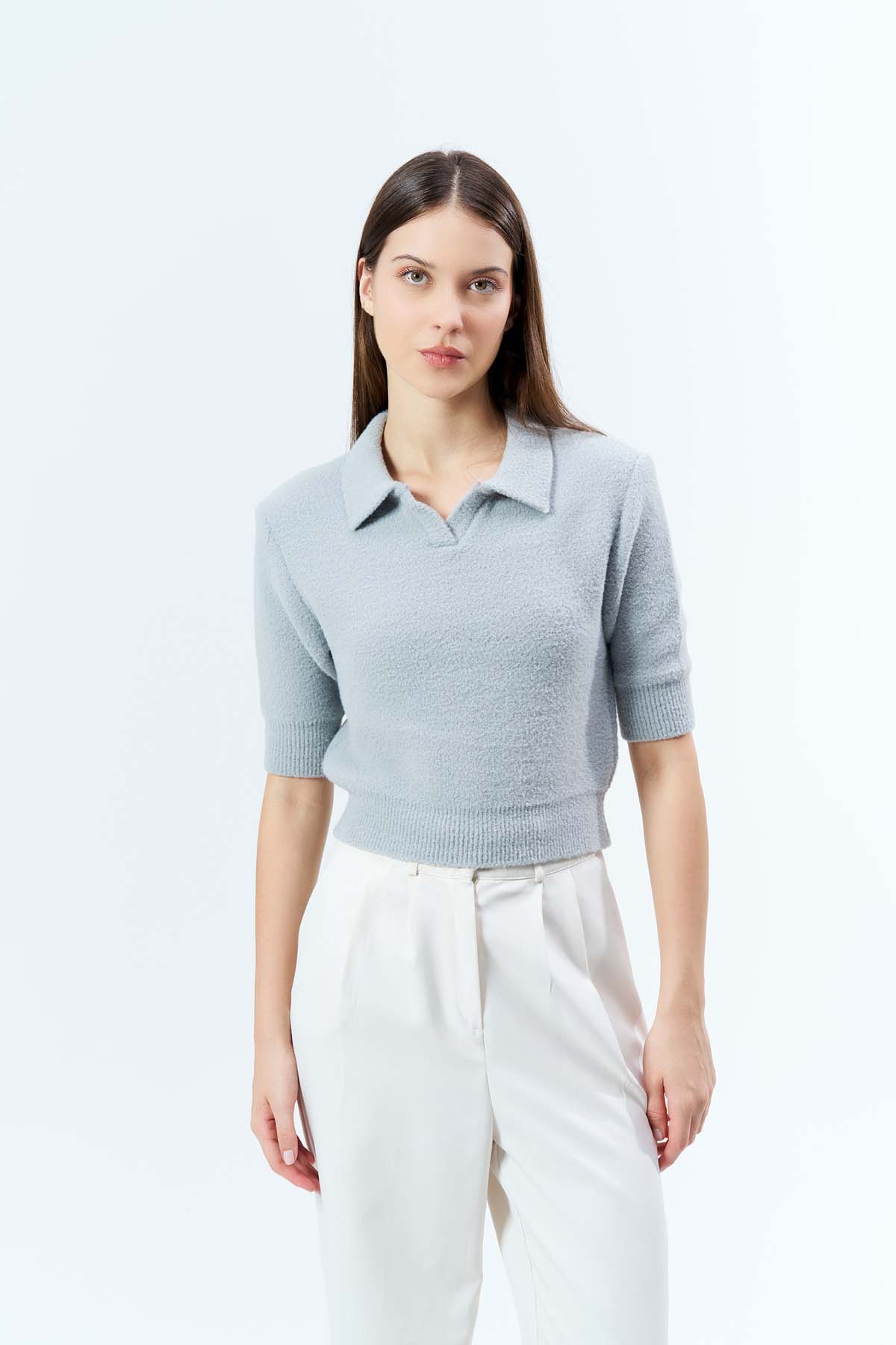 Angora Gömlek Yaka KısaKollu Kazak