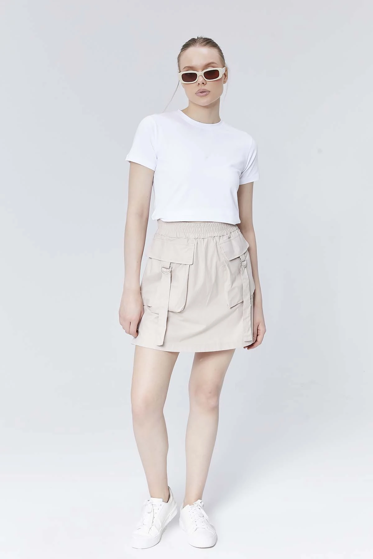 Beli Lastikli Cepli Poplin Kısa Etek