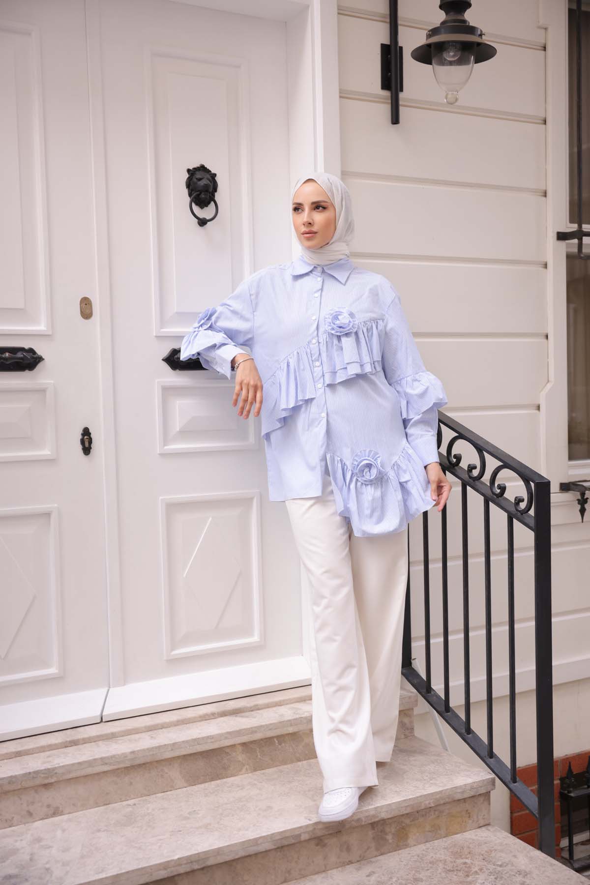 Fırfırlı Çizgili  Gömlek