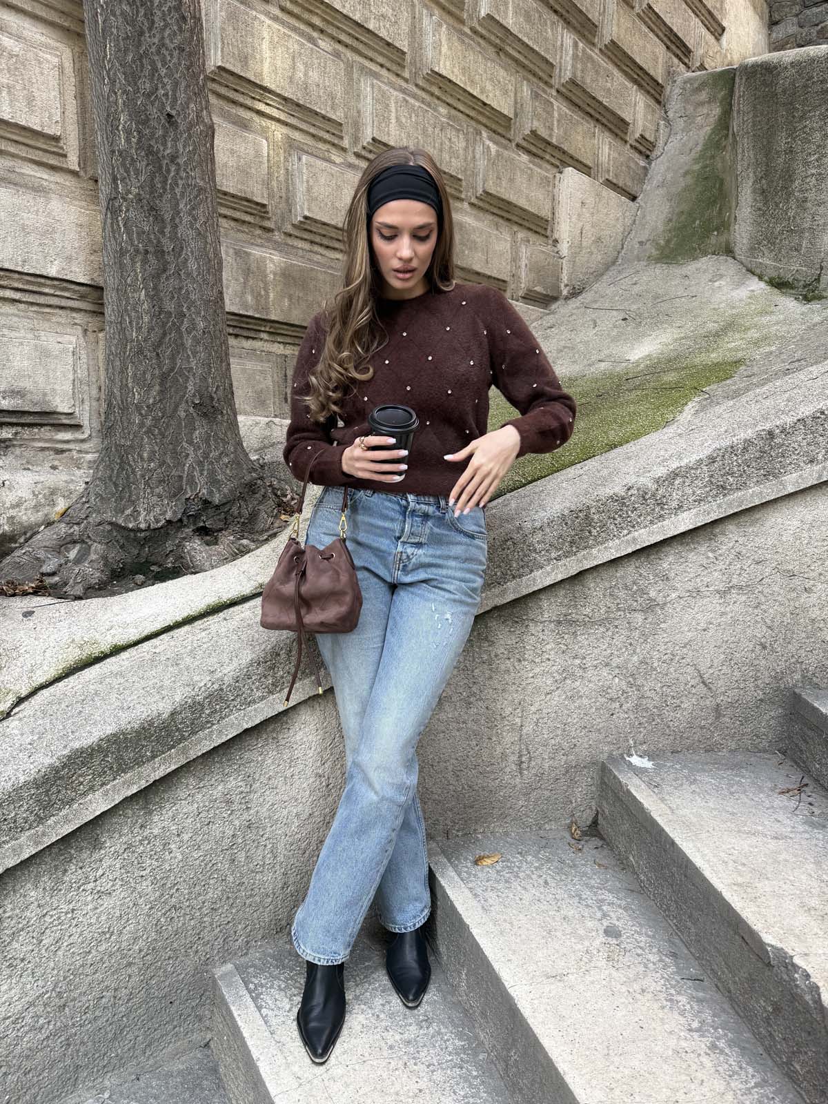 Angora Önü Taşlı  Bisiklet Yaka Kısa  Kazak