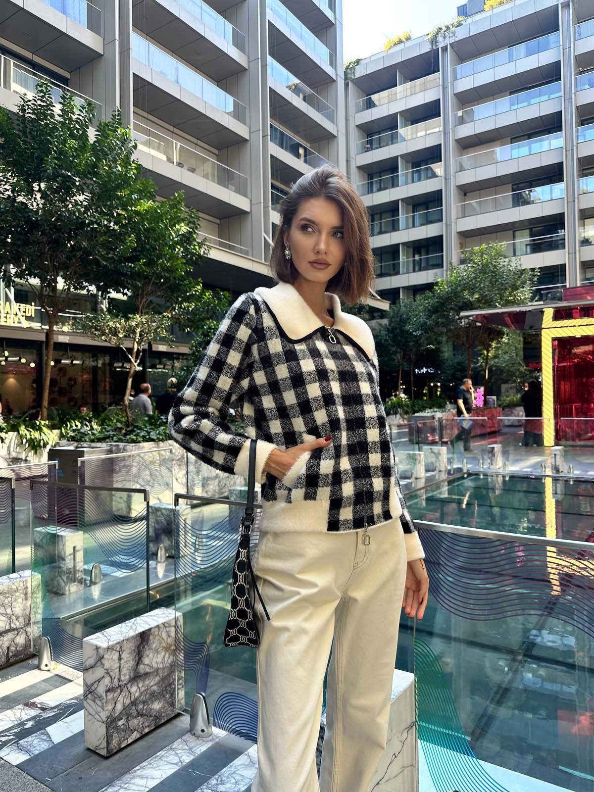 Angora Kareli Fermuarlı Hırka