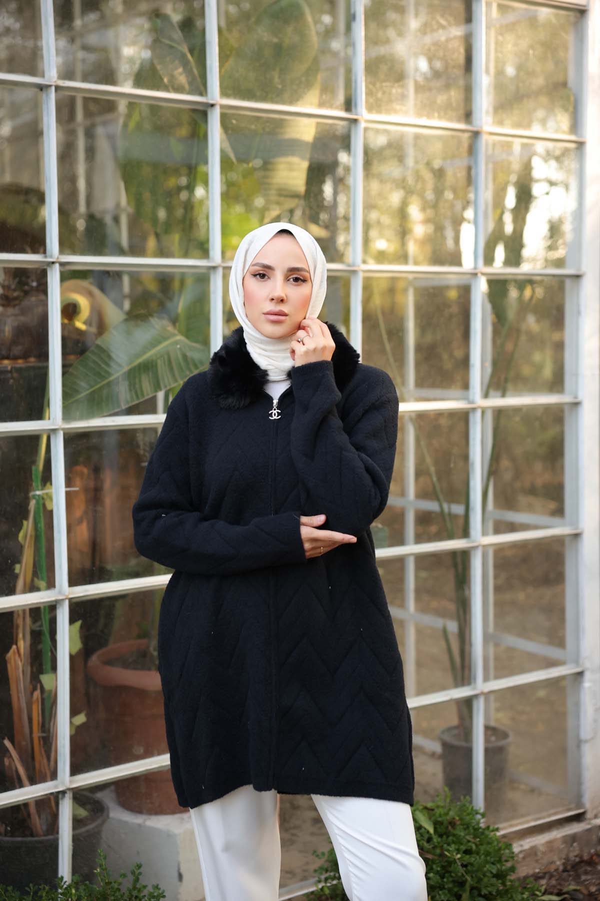 Angora Yakası Kürklü Uzun Hırka