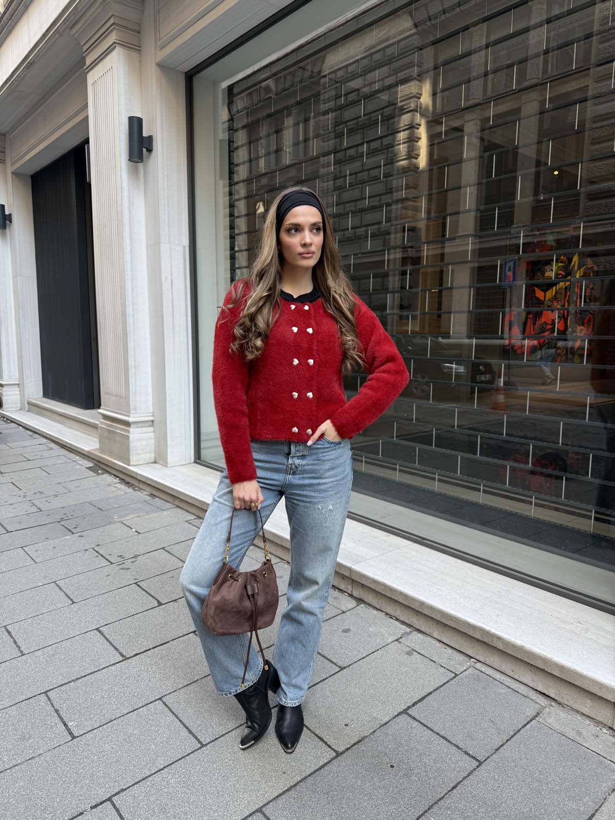 Angora  Yuvarlak Yaka  Kalp Düğmeli Kısa Hırka