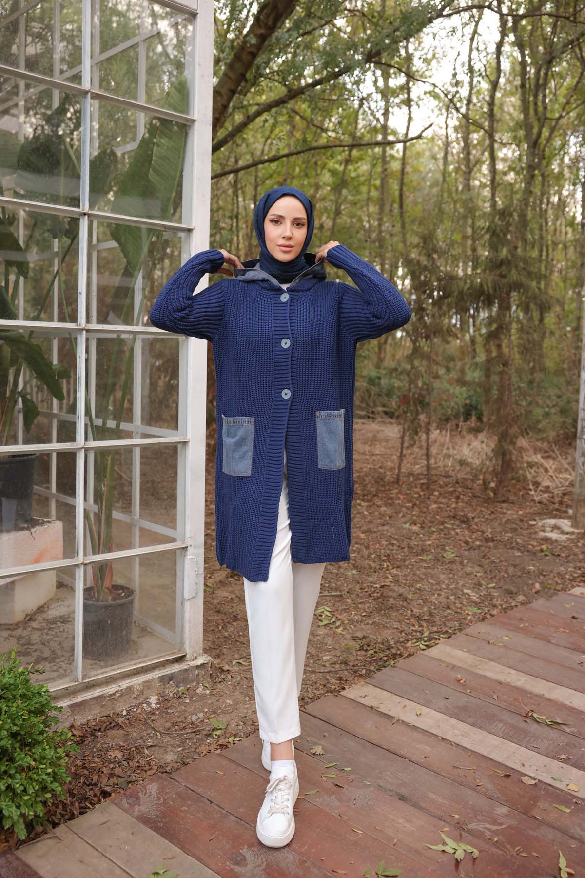 Kot Kapüşonlu Kot Cepli Uzun Hırka