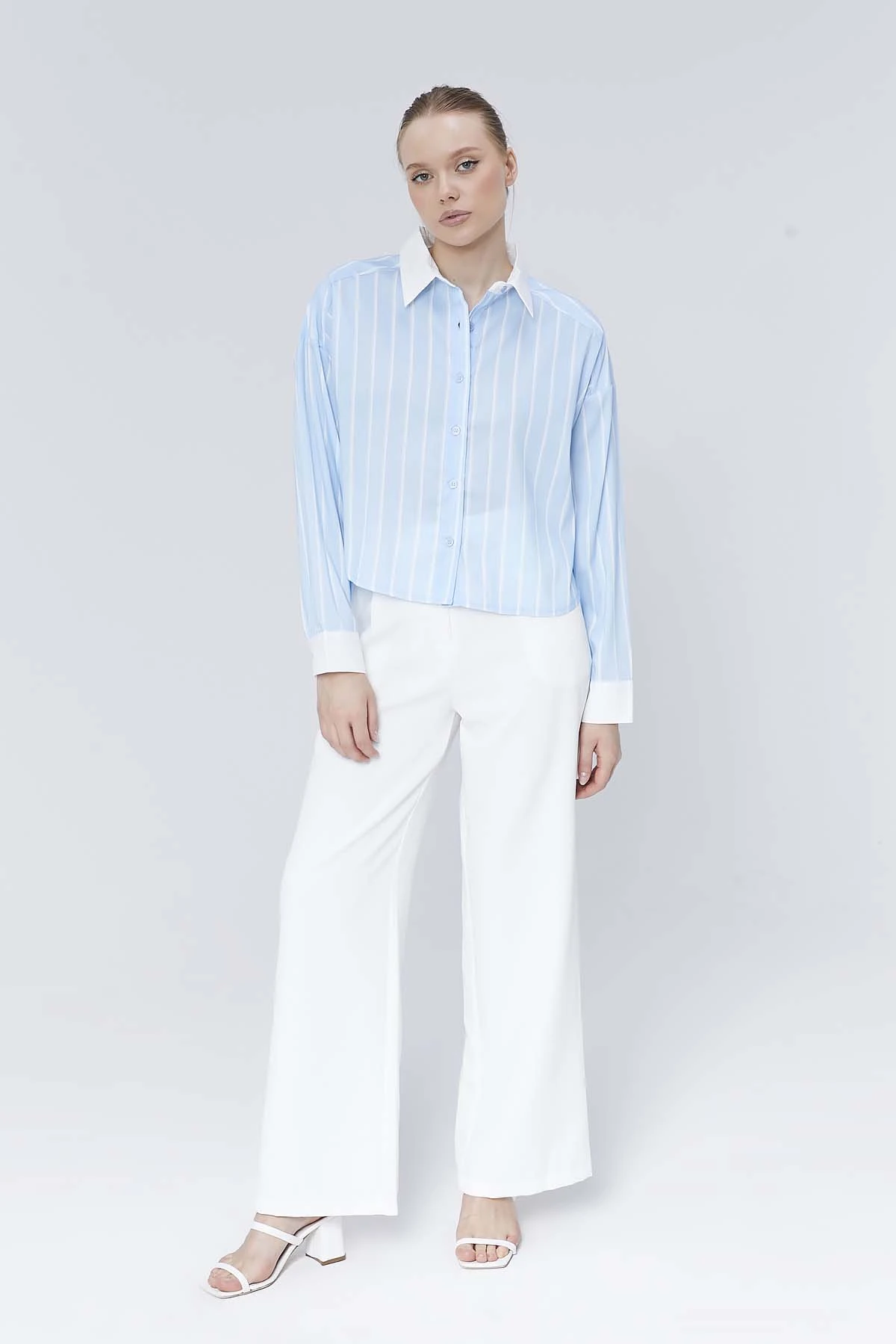 Yakası Düz  Uzun  Kollu  Çizgili  Gömlek