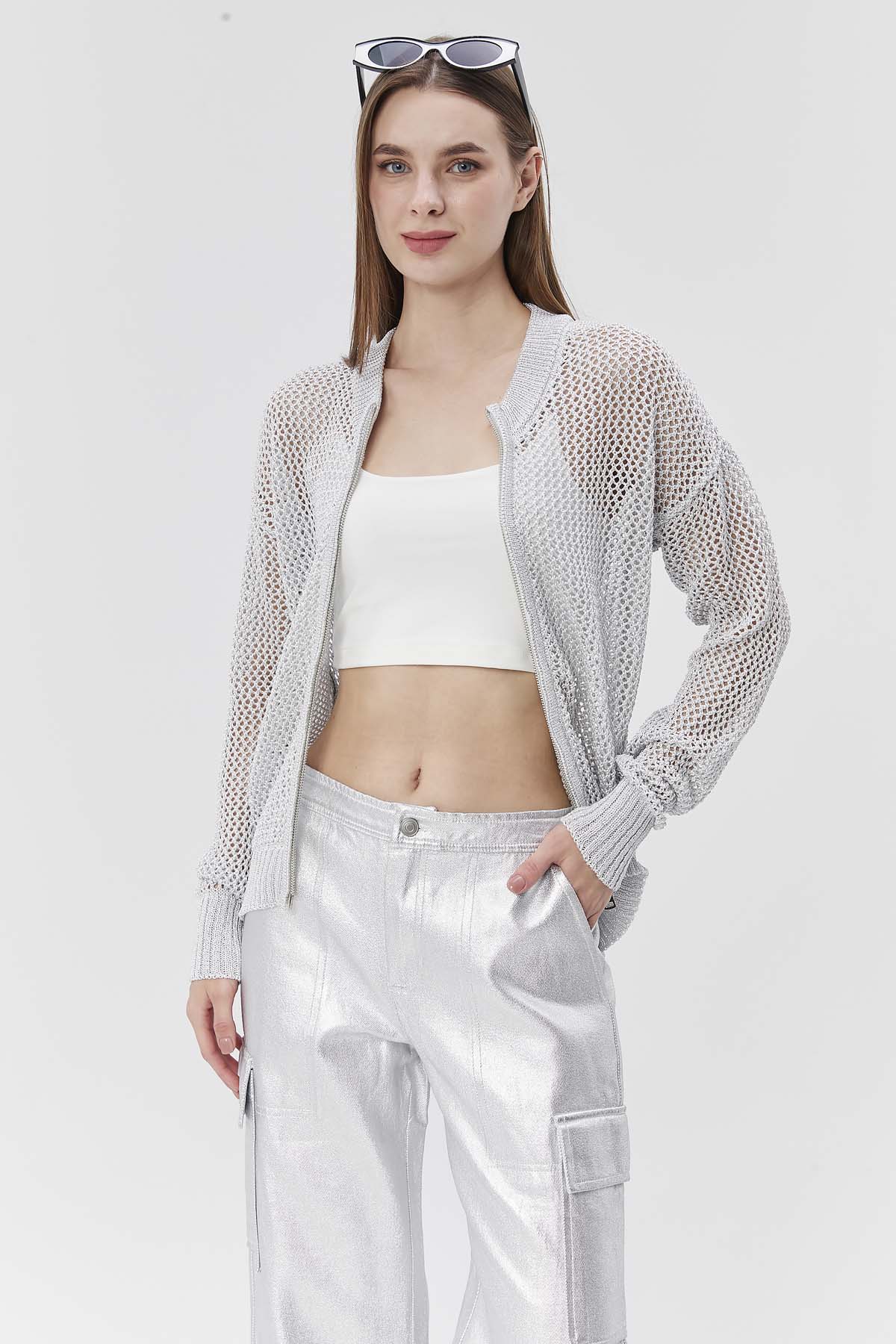 Simli Ajurlu Fermuarlı Ceket