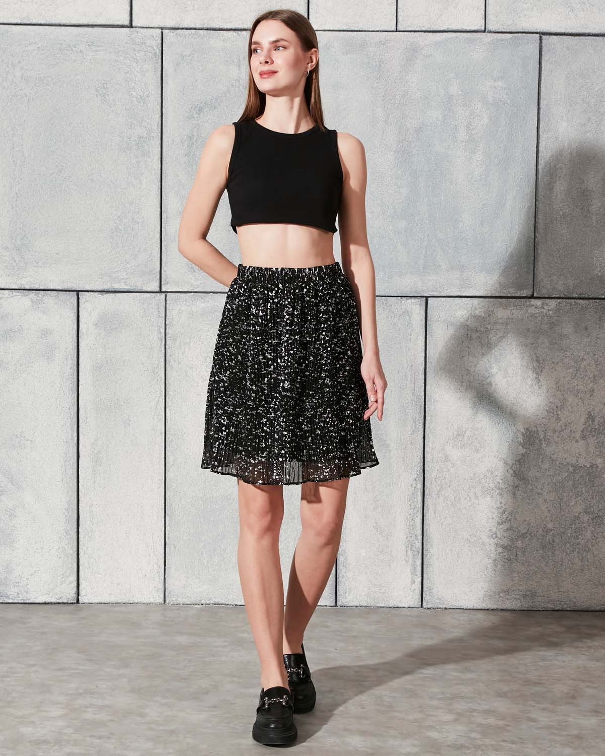 Fırça Desenli Kısa Pileli Etek