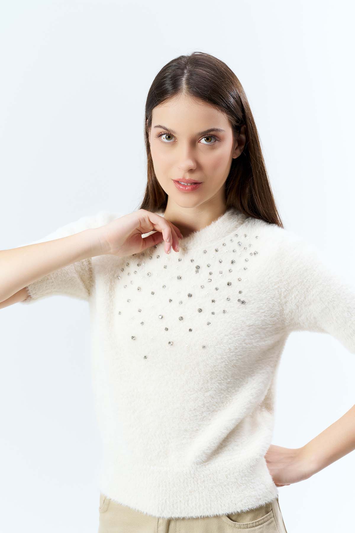 Angora Kısa Kollu Beyoğlu Taşlı Kazak