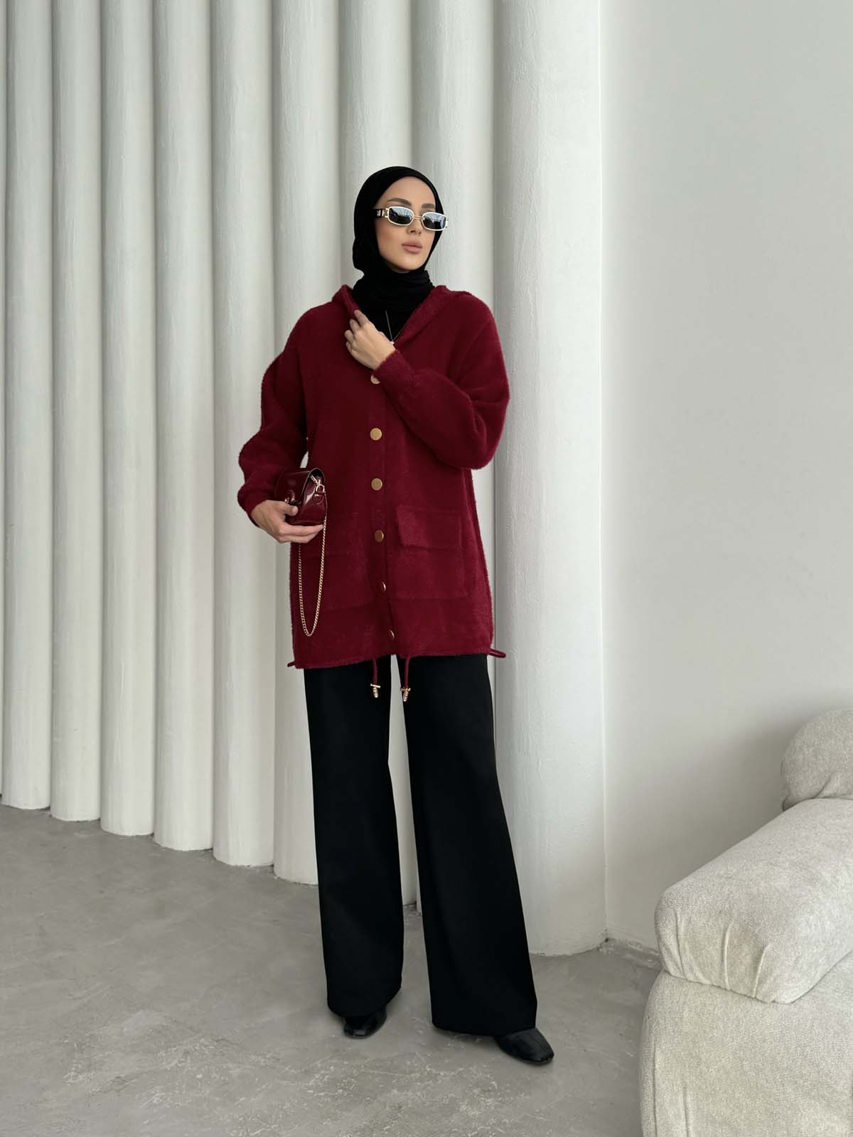 Angora Kapşonlu Uzun Hırka