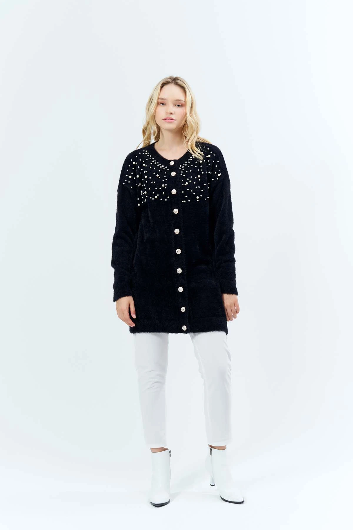 Angora İncili Uzun Ceket