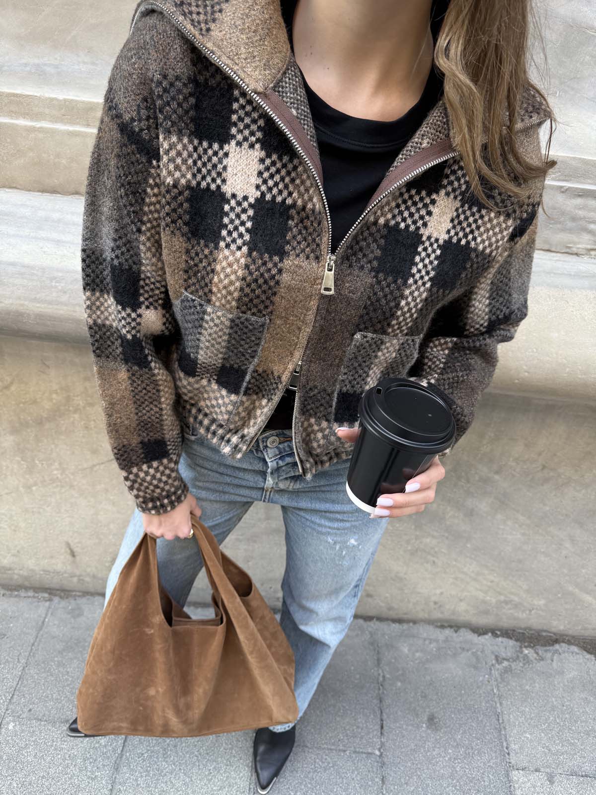 Şardon&Angora Kareli Fermuarlı Hırka