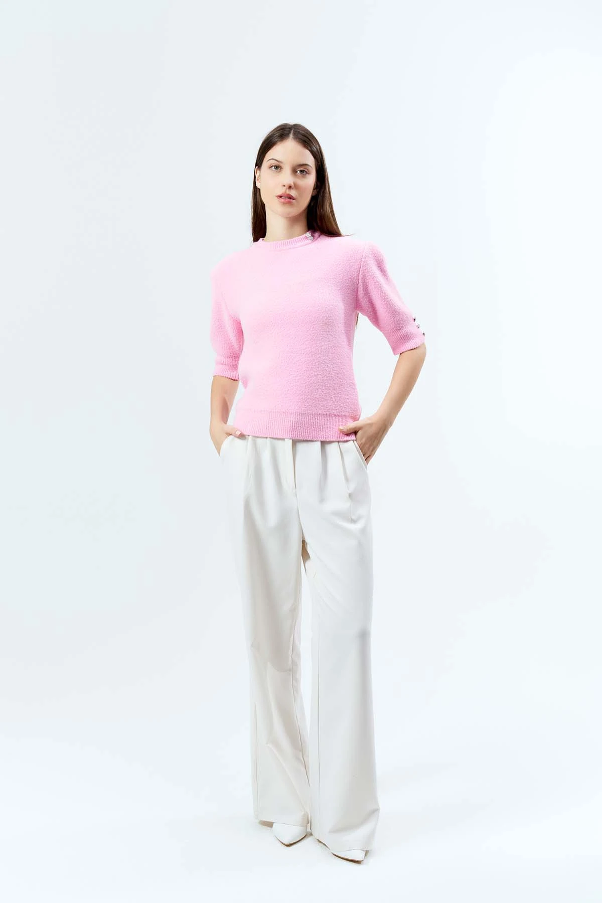 Angora Kısa Kollu Düğmeli Kazak