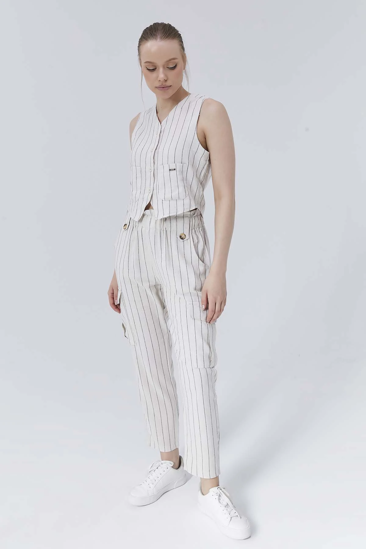 Çizgili  Keten  Yelek