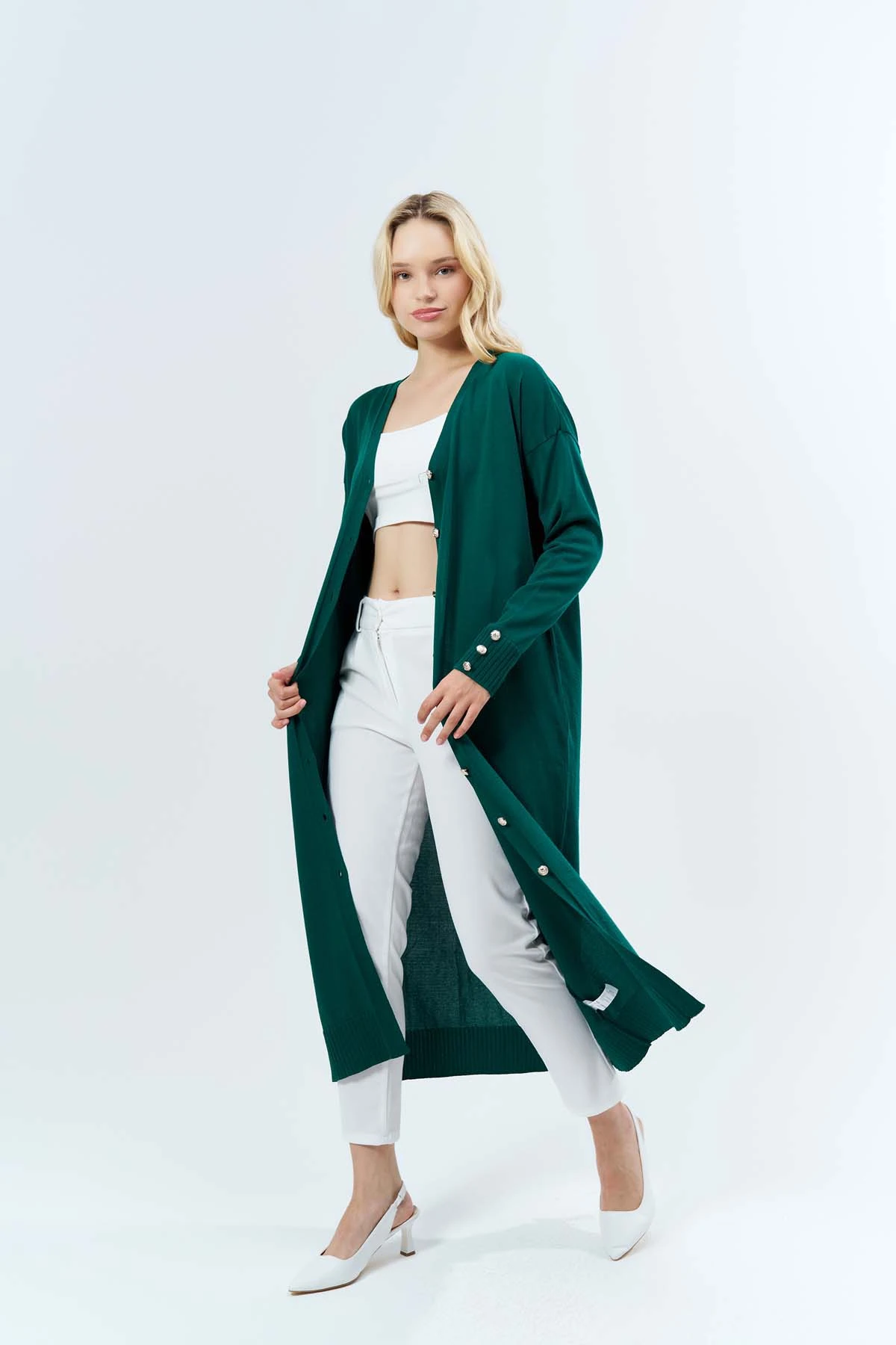 Kol Manşeti Düğmeli Uzun Hırka