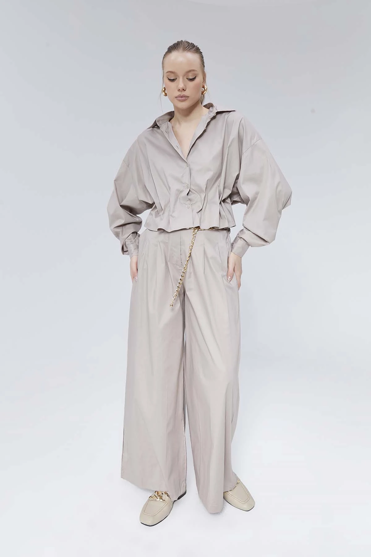 Önü Büzgülü Poplin Gömlek