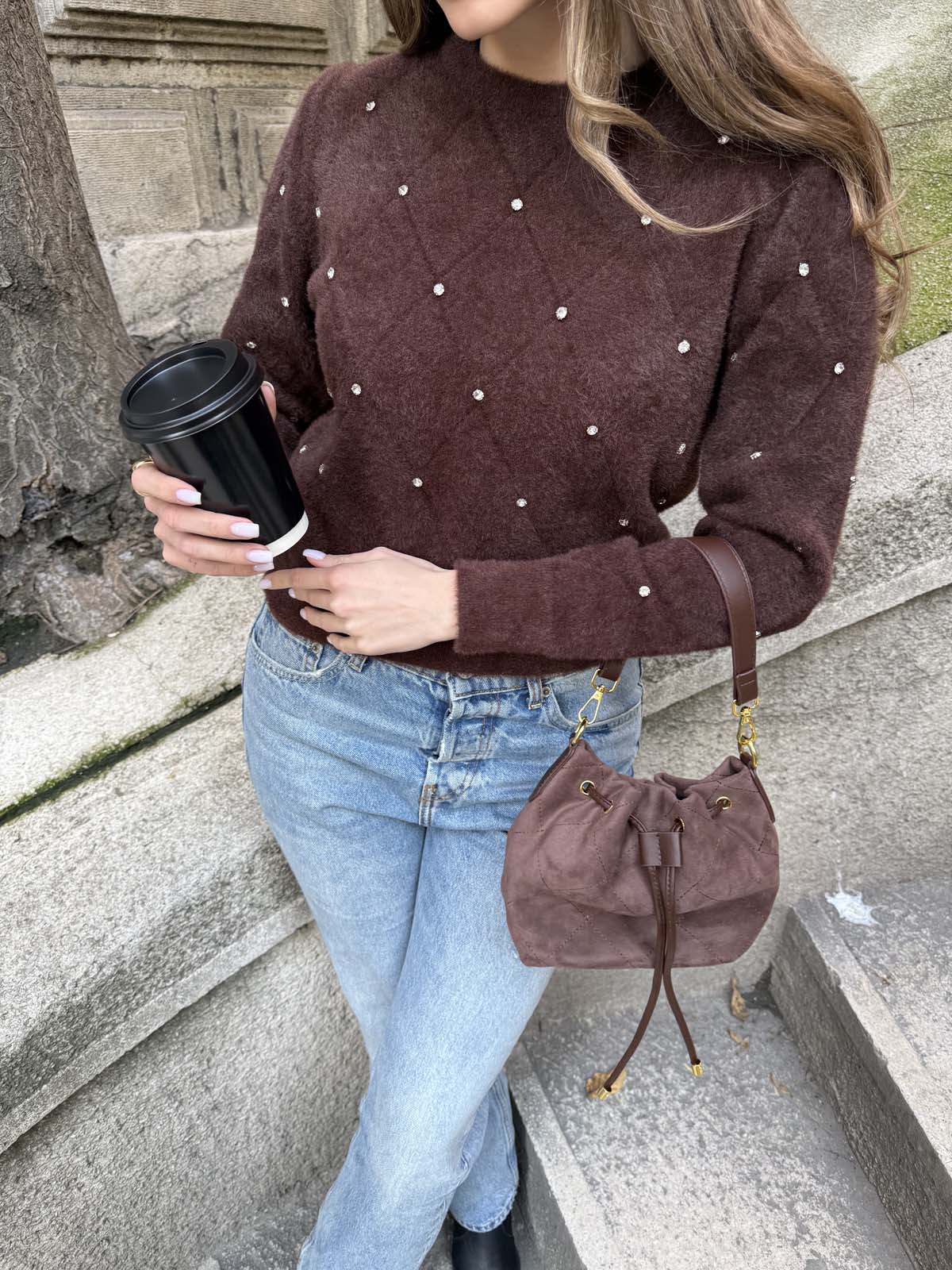 Angora Önü Taşlı  Bisiklet Yaka Kısa  Kazak