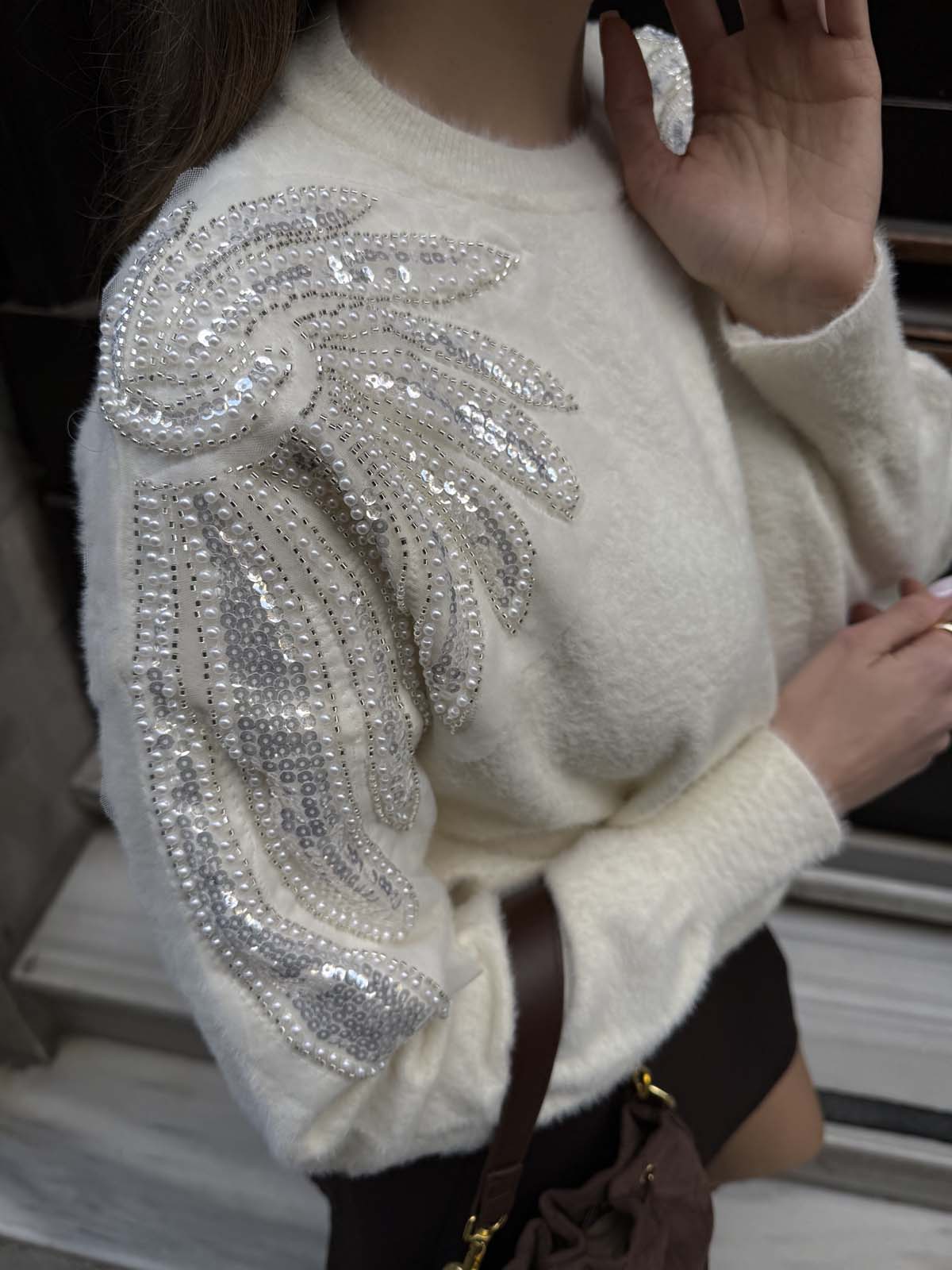 Angora Boncuklu Bisiklet Yaka Kazak