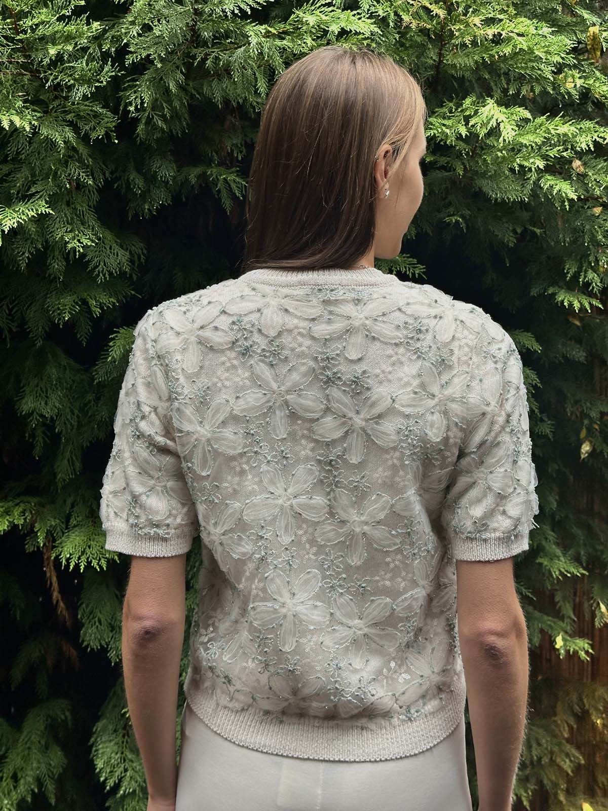 Pamuk Papatyalı Kumaşlı Kısa Kollu Kazak