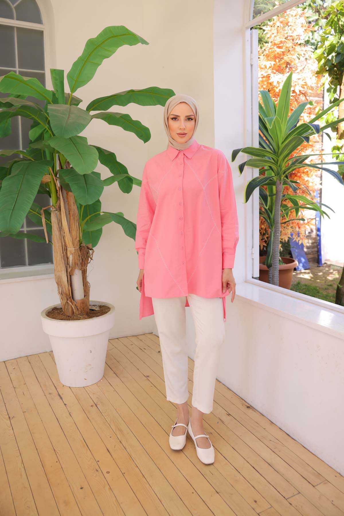 Baklava Desenli Düğmeli Uzun Kollu Gömlek