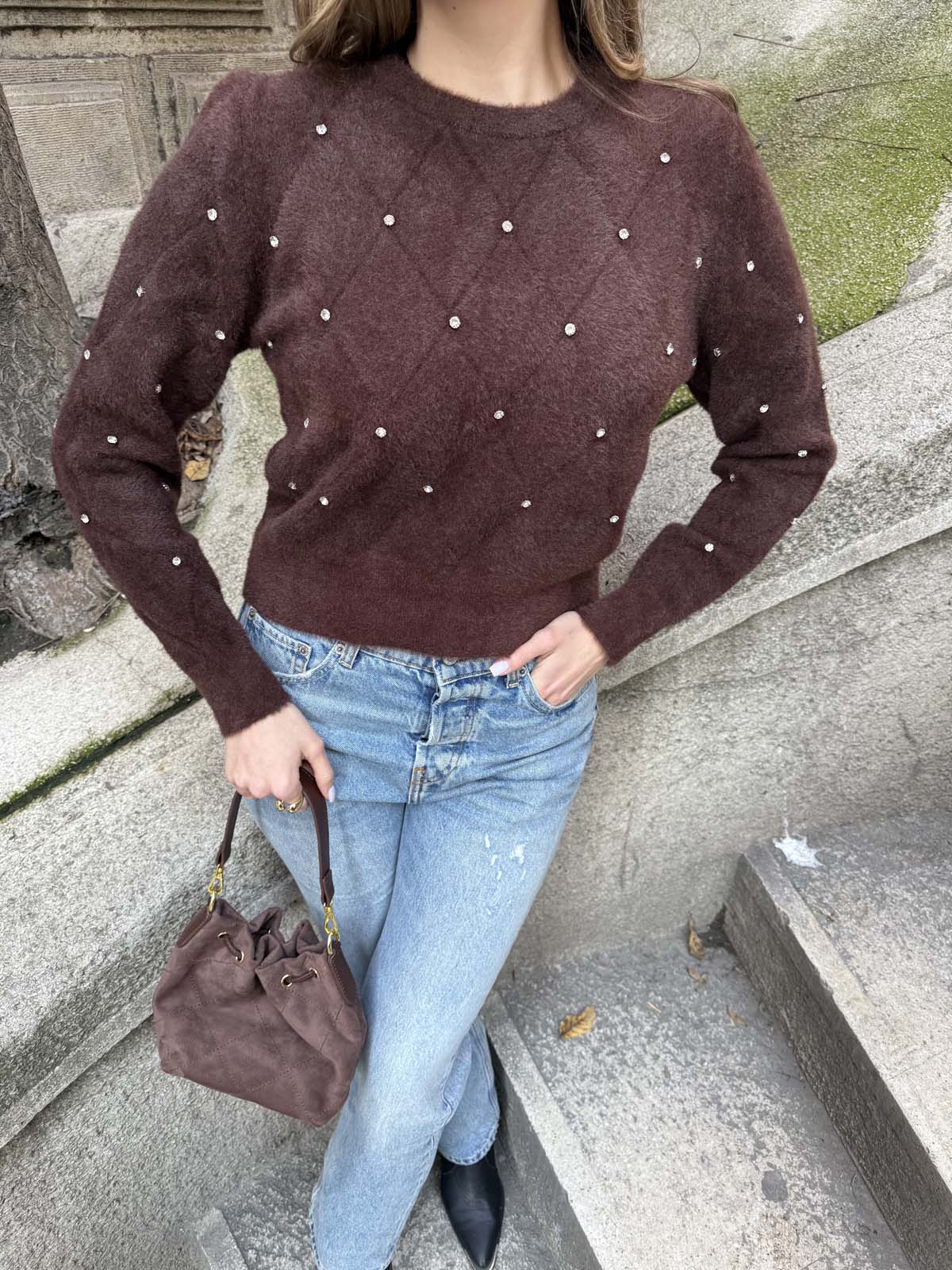 Angora Önü Taşlı  Bisiklet Yaka Kısa  Kazak