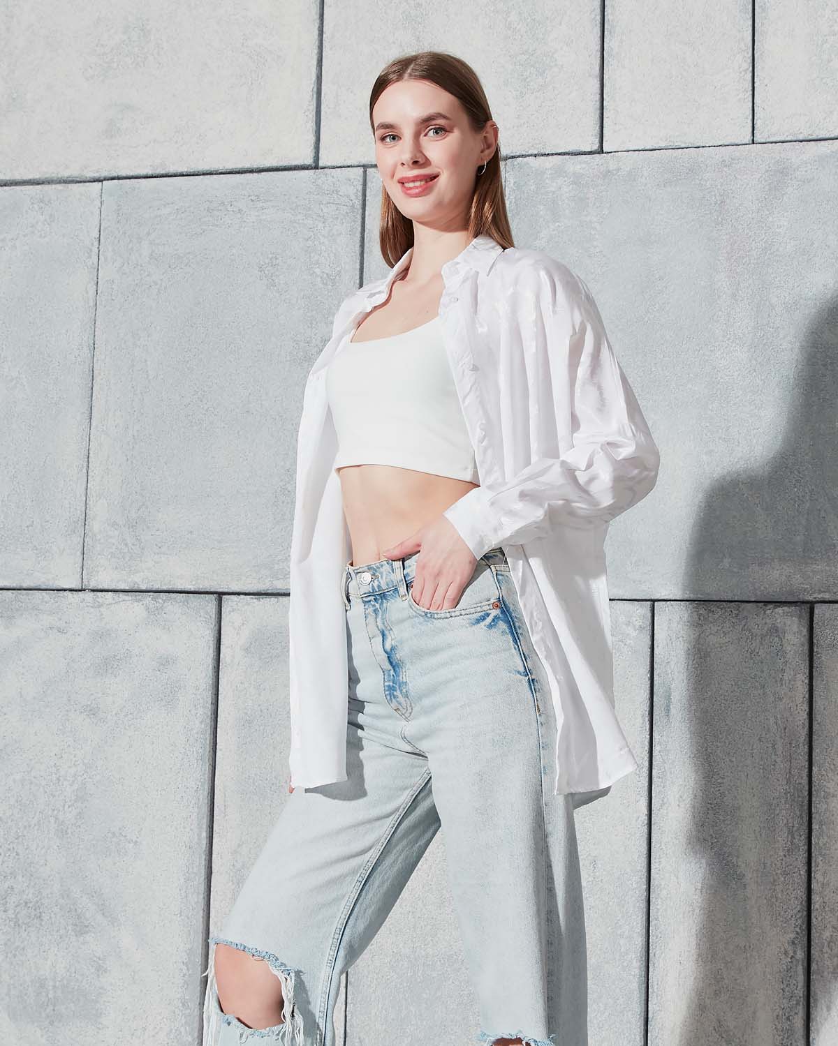 Ekru Jakarlı Saten Gömlek