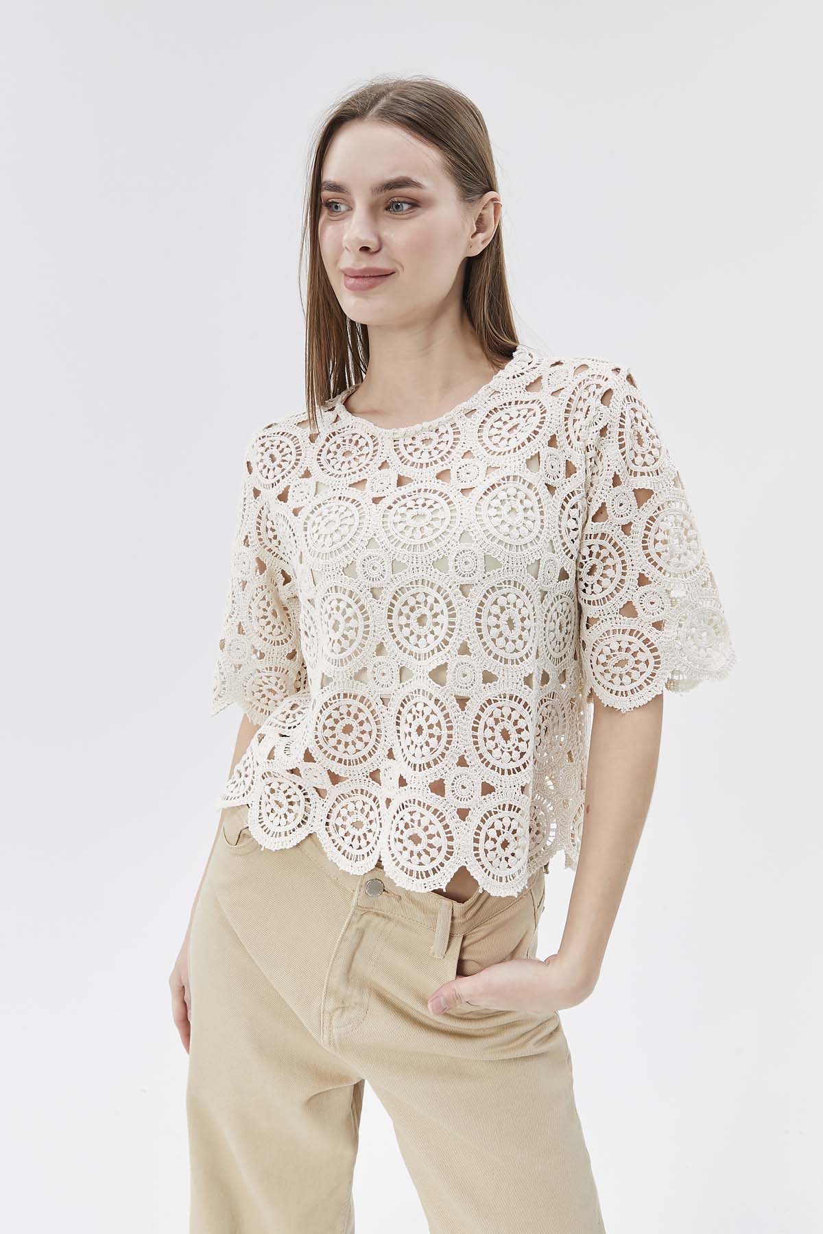 Kısa Kollu Kroket Bluz Crop Atlet