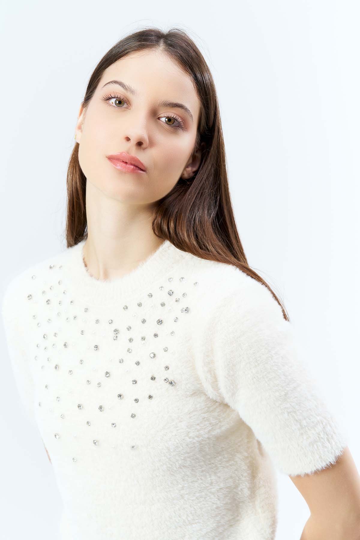 Angora Kısa Kollu Beyoğlu Taşlı Kazak