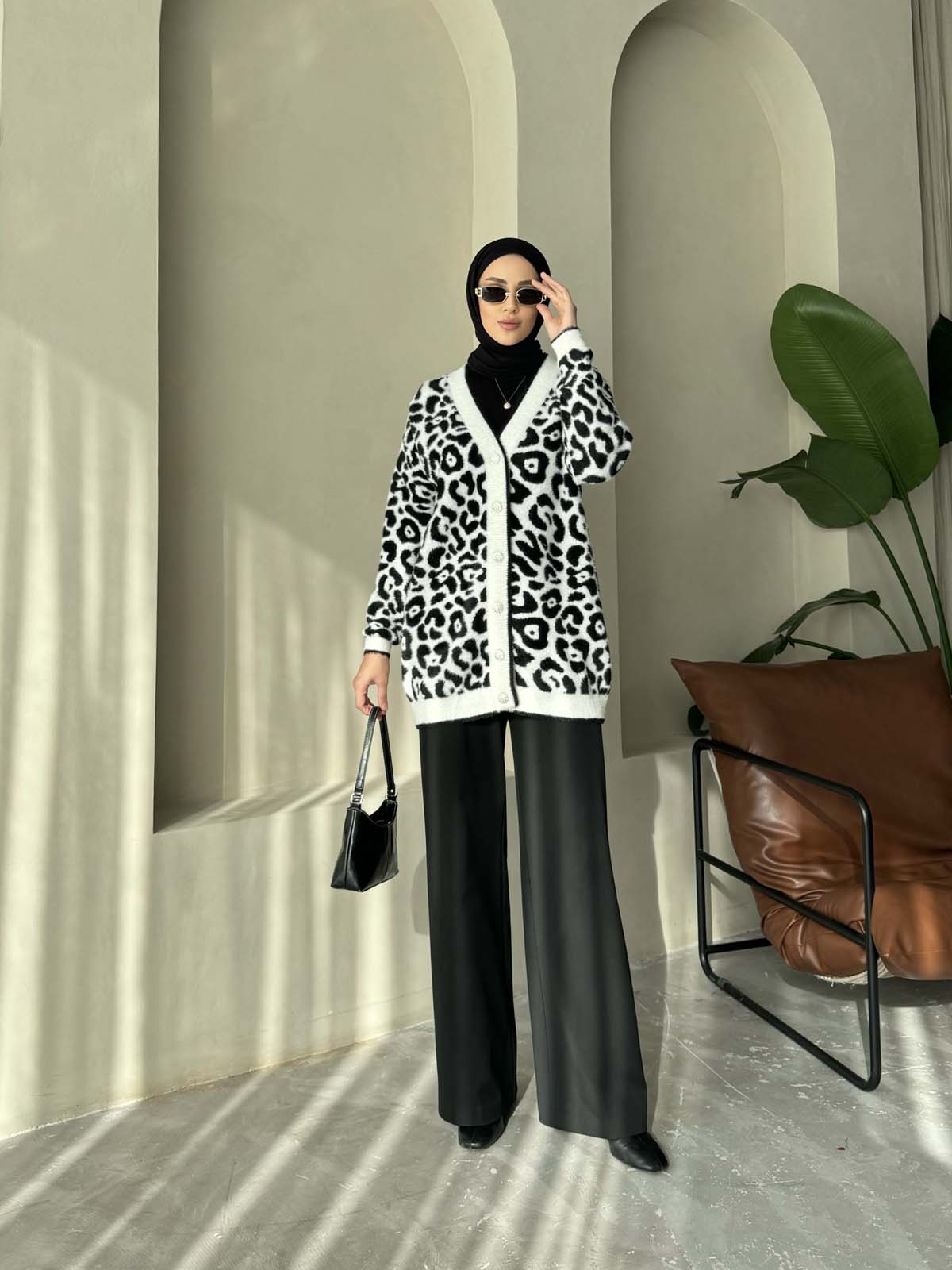 Angora Leopar Desenli Uzun Hırka