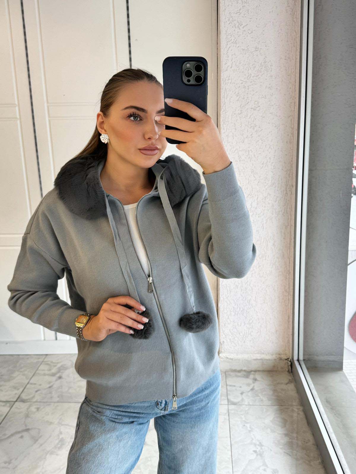 Korsman Kürklü Fermuarlı Kazak