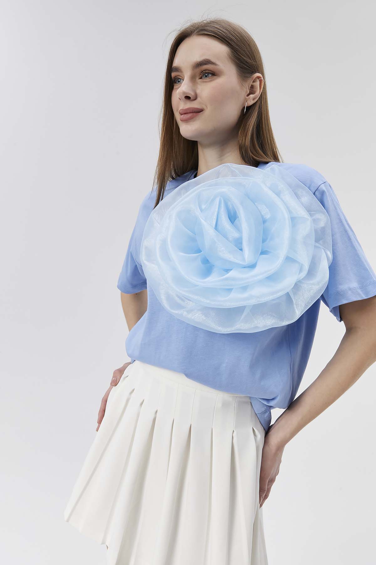 Organze Gül  Aplikeli  Penye Tişört