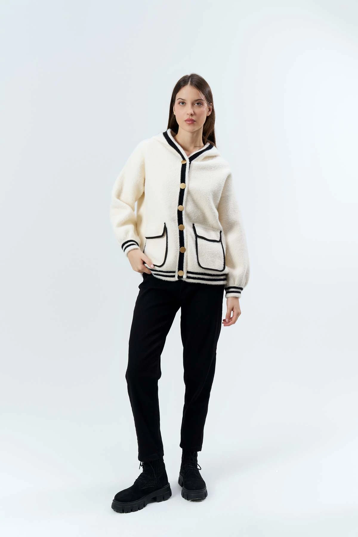 Angora Kapşonlu Cepli Hırka