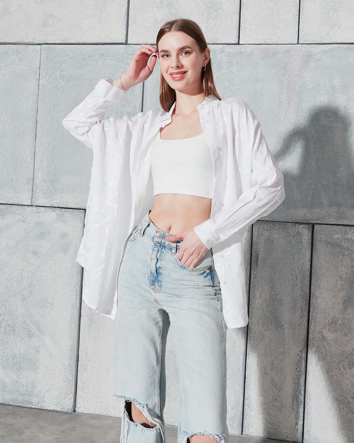 Ekru Jakarlı Saten Gömlek